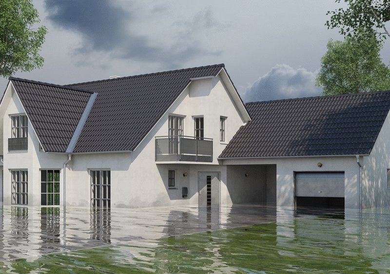 single family home flooded with water up to garage door